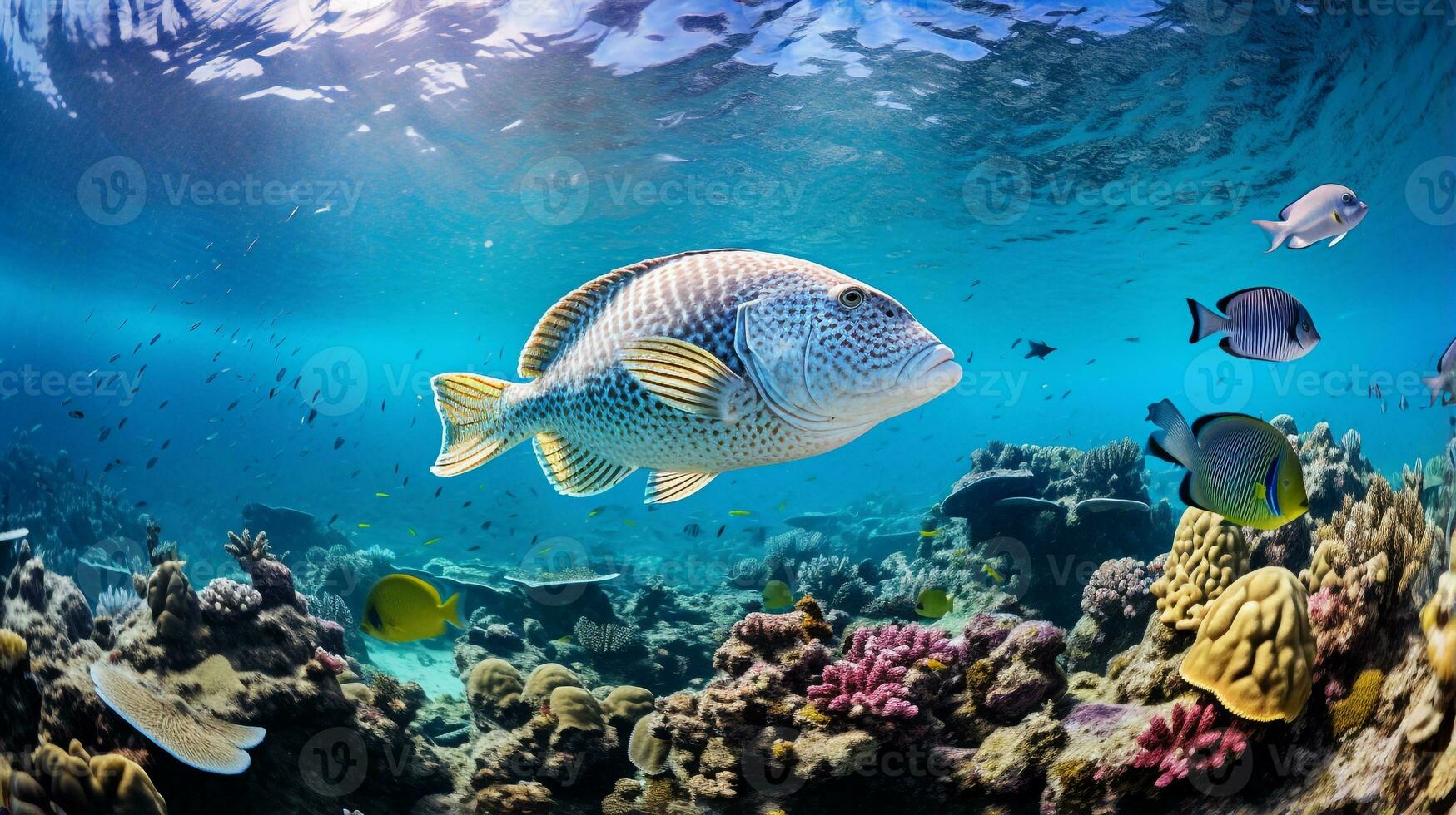 Photo of Flounder with various fish between healthy coral reefs in the