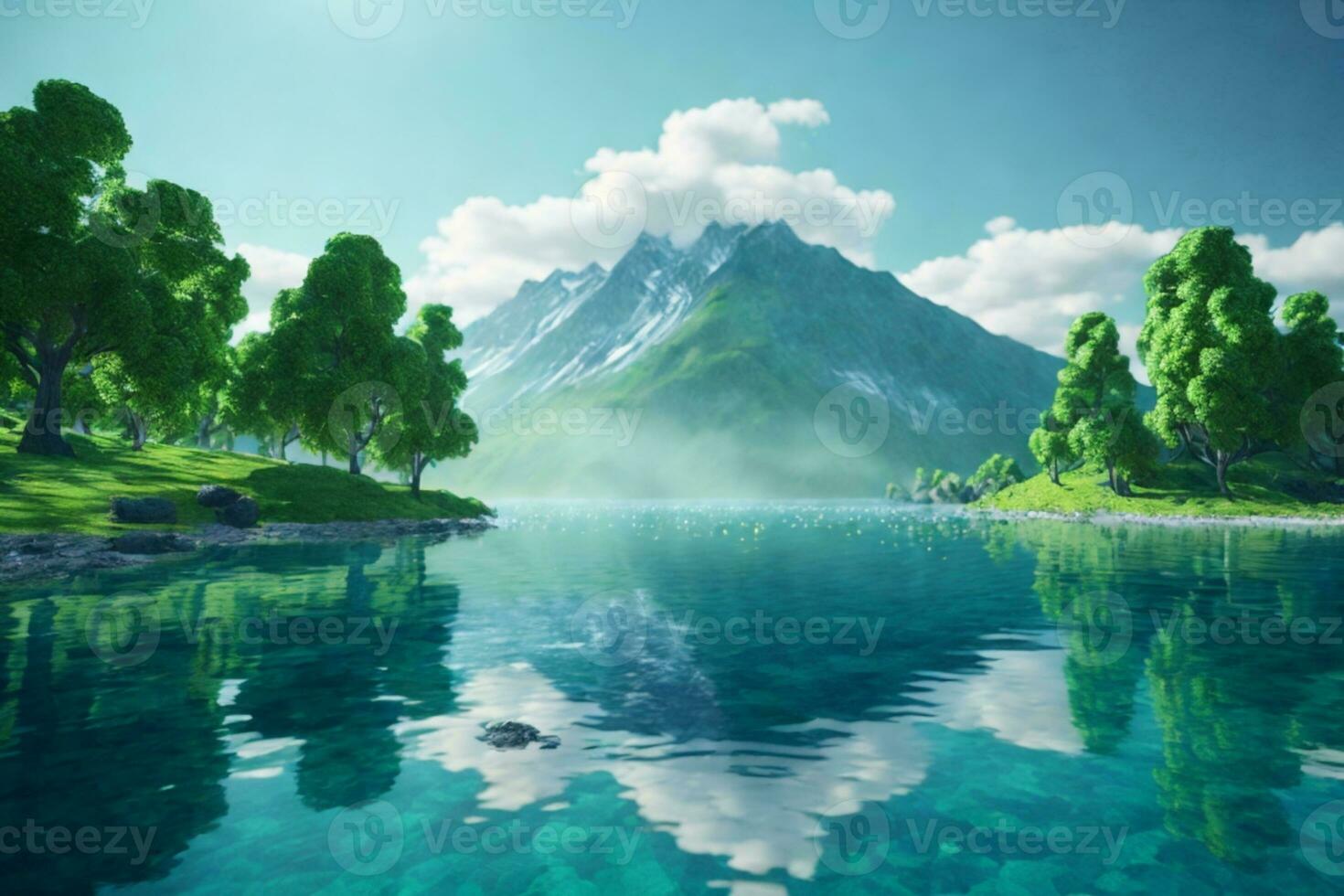 Volcanic mountain in morning light reflected in calm waters of lake.. AI generated photo