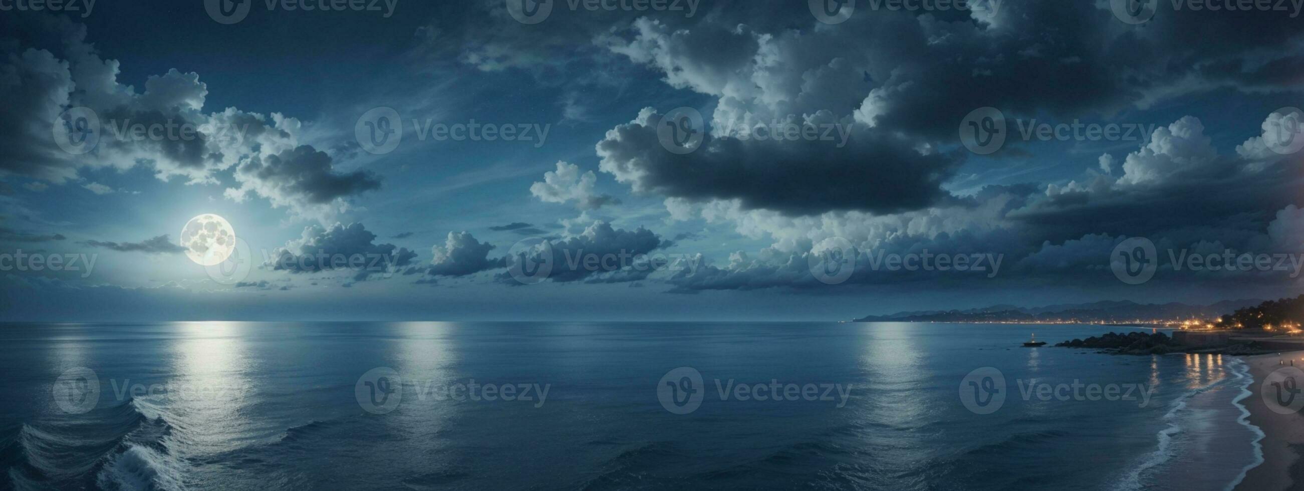 romantic and scenic panorama with full moon on sea to night. AI generated photo