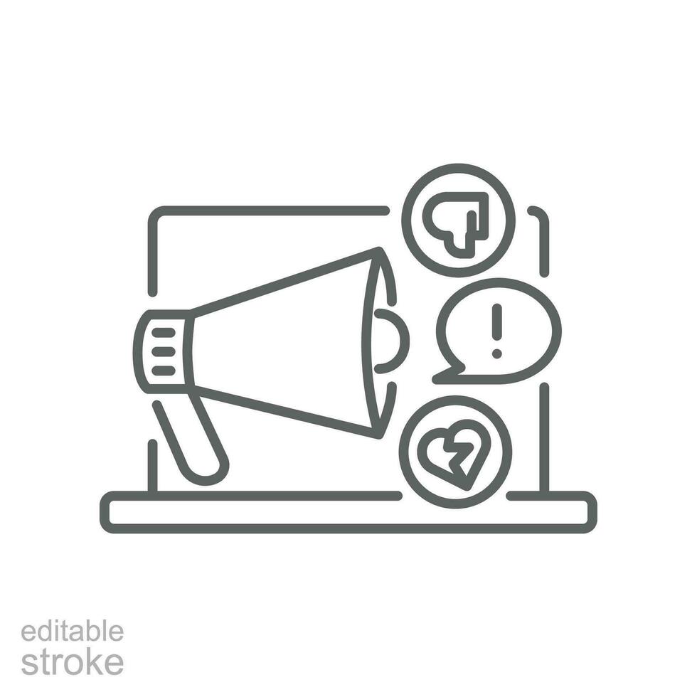 Cyberbullying outline icon. Impersonate social media bully, insult behavior. Digital harassment, emotional message. Haters online. Editable stroke Vector illustration design on white background EPS 10