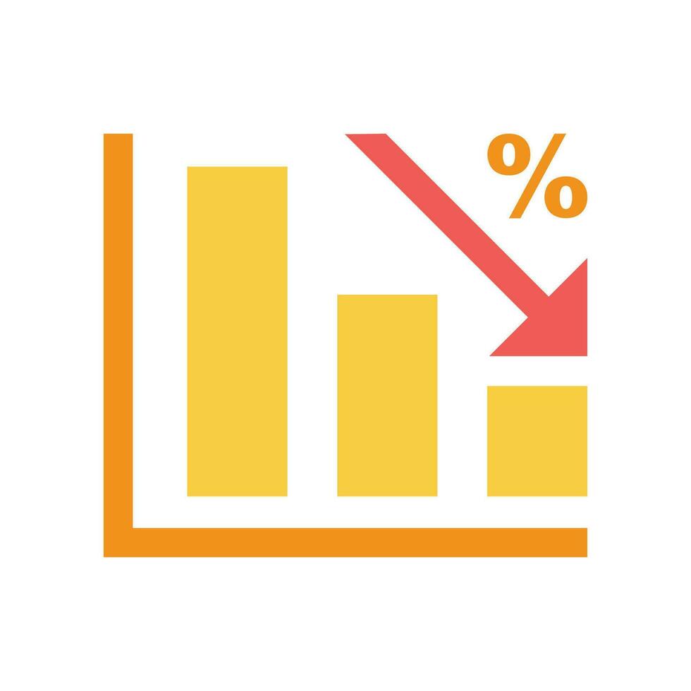 plano diseño estilo impuesto porcentaje disminución icono. analítica gráfico estadística con flecha disminución progreso. márketing reporte datos. vector ilustración. diseño en blanco antecedentes. eps 10