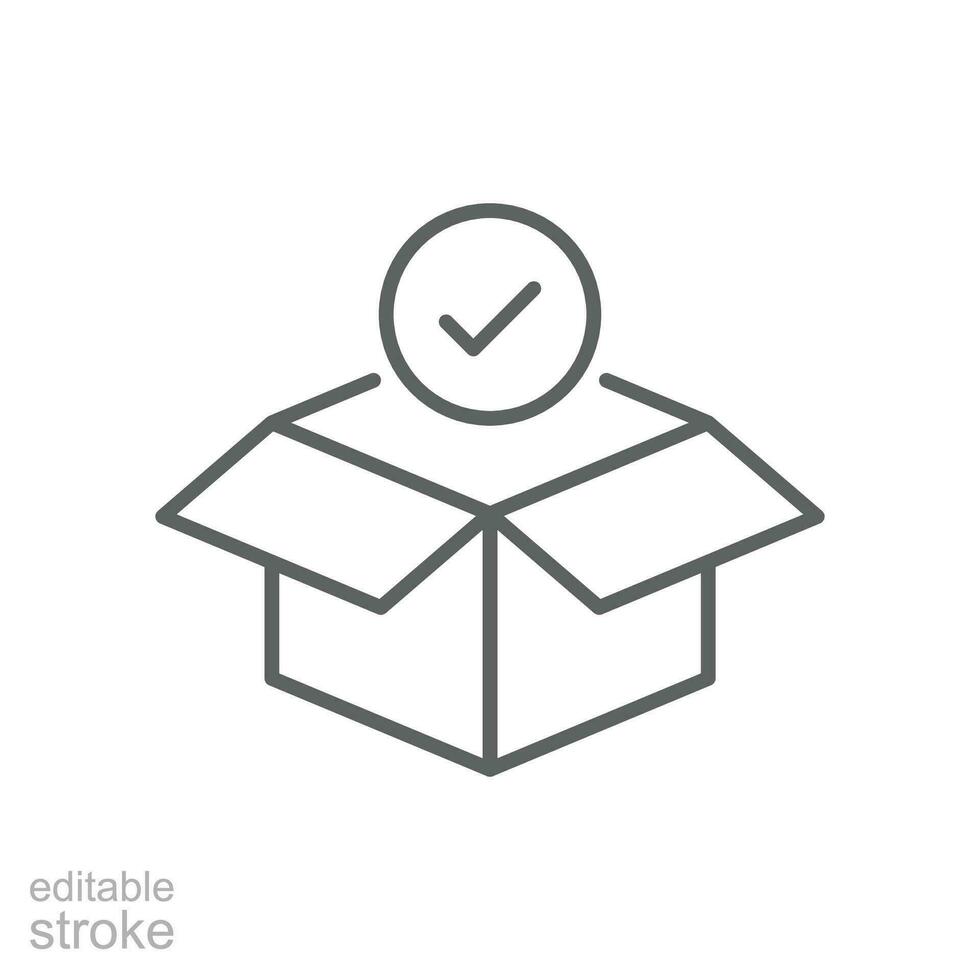 Box icon, delivery and shipping, open package, unbox icon with check sign. Box icon and approved, confirm, done, tick, completed symbol. Vector