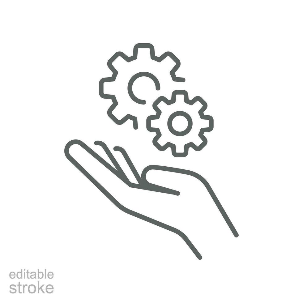 Installation and support line icon. Gears in hand for repair service process setting. Engineer job, Technology support. Editable stroke. Vector illustration. Design on white background. EPS 10