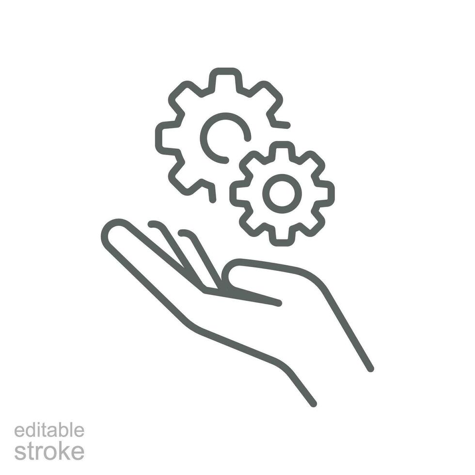 instalación y apoyo línea icono. engranajes en mano para reparar Servicio proceso ajuste. ingeniero trabajo, tecnología apoyo. editable ataque. vector ilustración. diseño en blanco antecedentes. eps 10