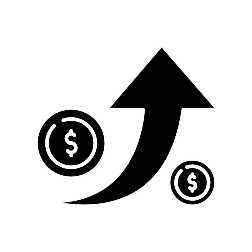 monedas dólar con flecha arriba glifo icono. incrementar de dólar tasa. regreso en inversión hacia arriba. capital ganancias, beneficio. mercado crecimiento pictograma . vector ilustración en blanco antecedentes eps 10