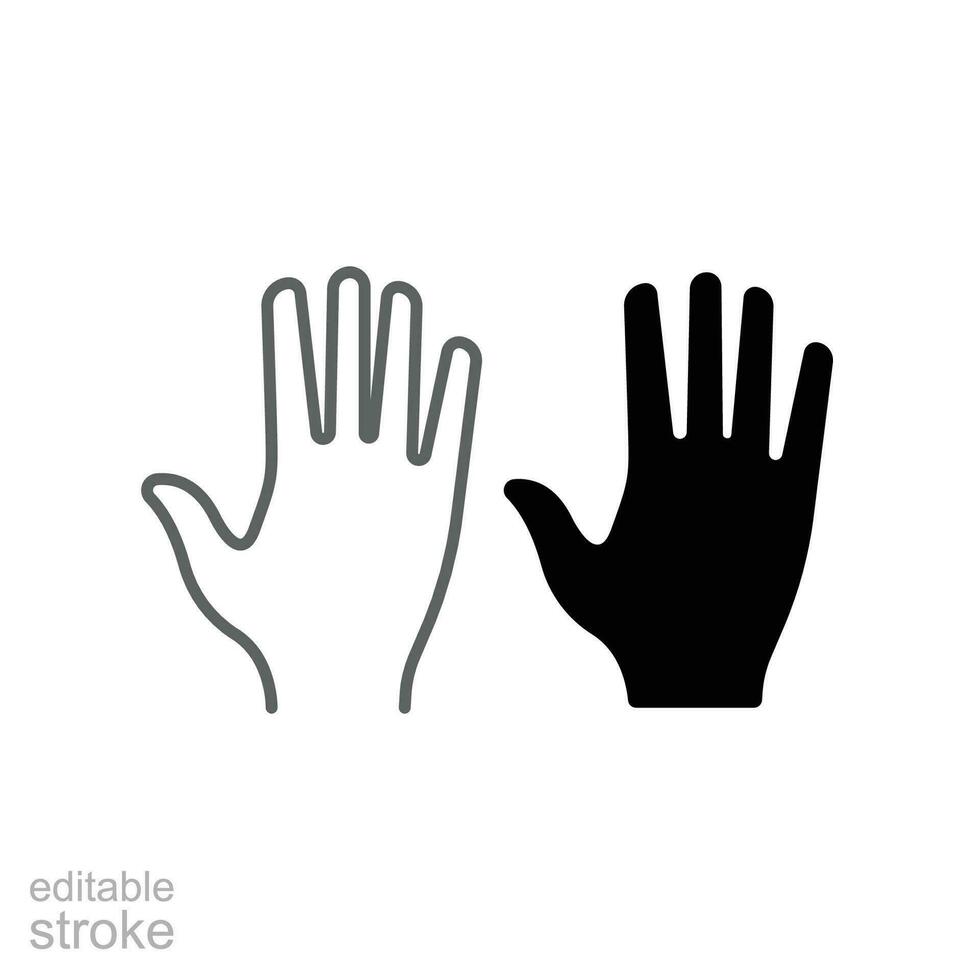 Human hand line and glyph icon. High five. Five fingers gesture. hand raised. Hi Five. Prohibition, warning, stop symbol. Abstract. Editable stroke Vector illustration Design on white background EPS10