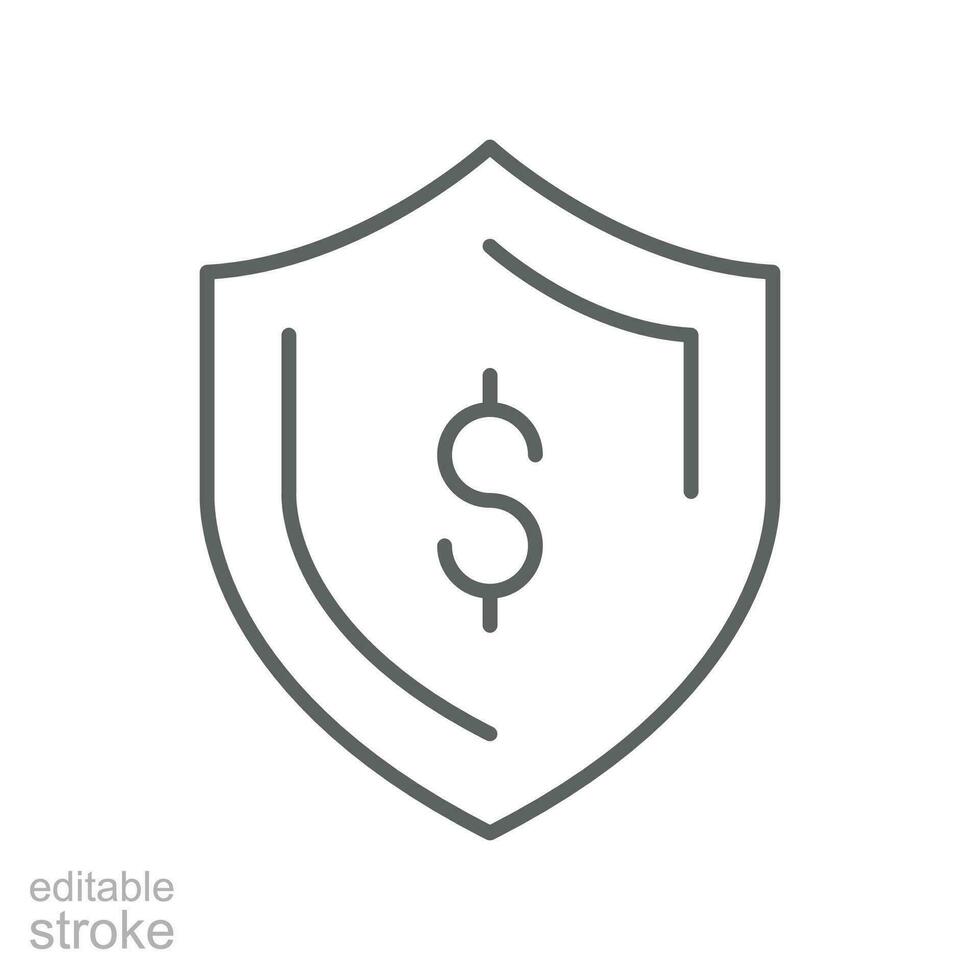 Guarantee financial, protect dollar icon. money insurance with shield. currency wealth badge. savings and investment safety care. Editable stroke vector illustration. Design on white background EPS 10