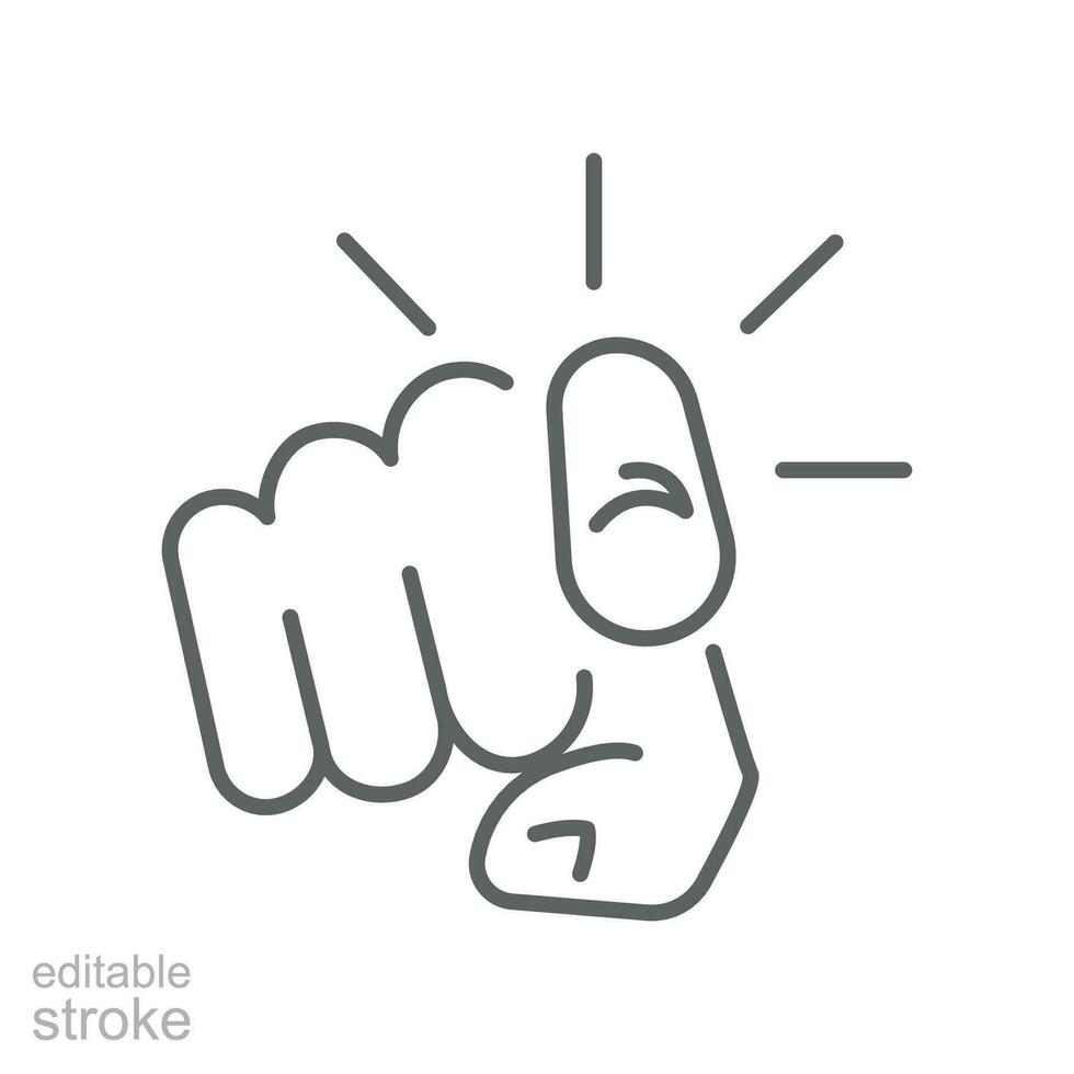 Finger pointing icon. Hand gesture of index finger pointer at viewer. Gesturing towards you. Line pictogram silhouette symbol. Editable stroke vector illustration. Design on white background. EPS 10