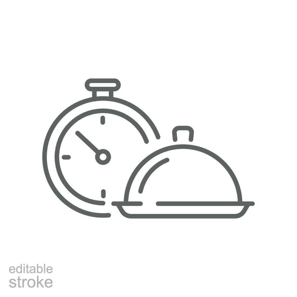 Fast cooking food icon. time or clock and serving dish of gourmet culinary concept. Snack bar. line or outline pictogram style. Editable stroke. vector illustration. design on white background. EPS 10
