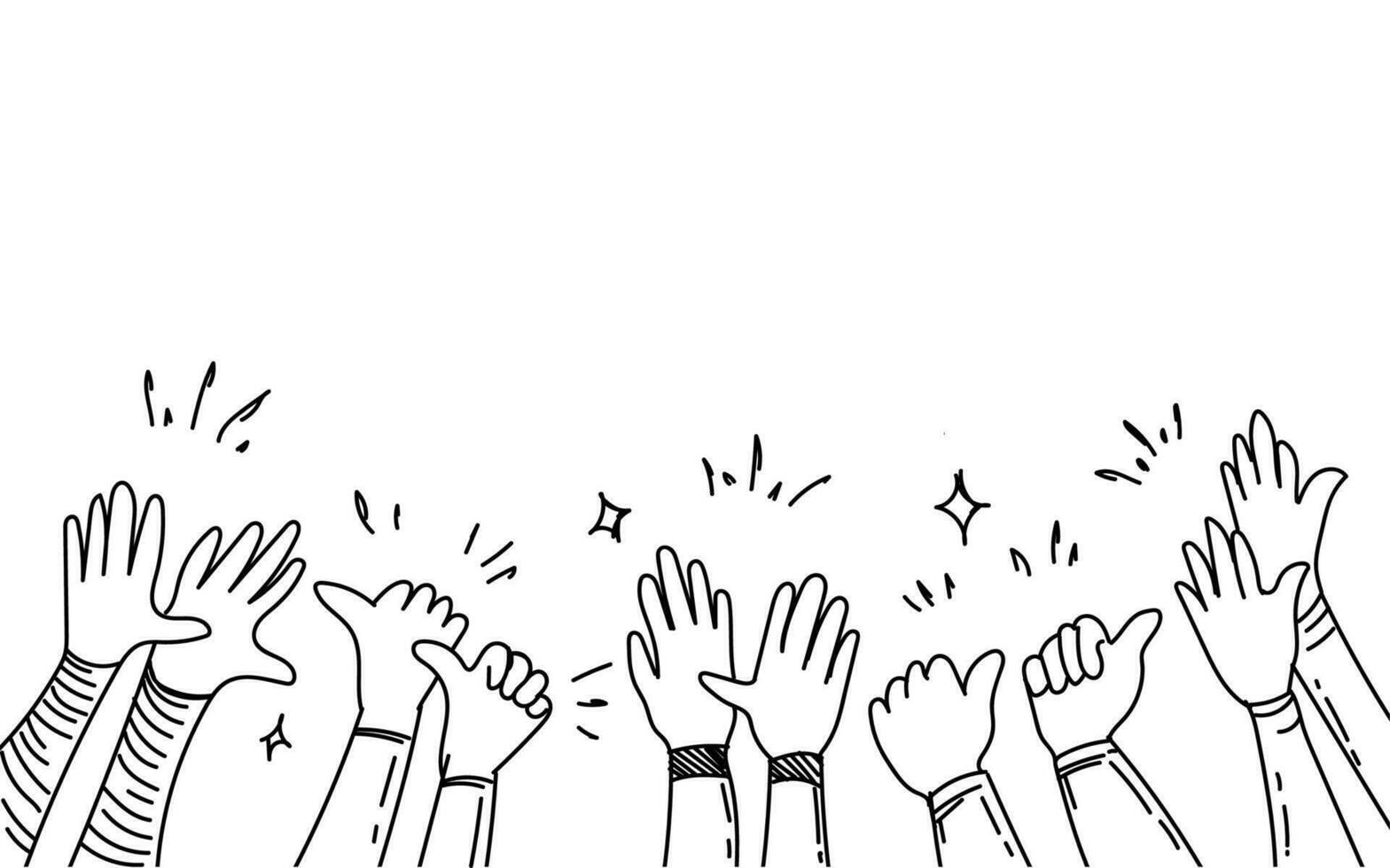 Doodle of hands clapping ovation. Applause, thumbs up gesture hand drawn. Success people hand up sketch. Vector illustration isolated on white background. EPS 10.