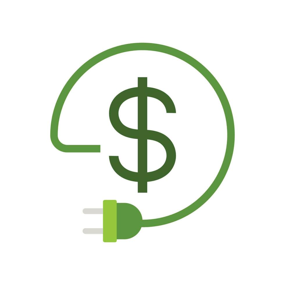 plano diseño estilo eco energía costo salvar dinero icono. energía reducción costo dólar poder eficiencia. adaptador cable cargador dólar para verde economía. vector ilustración diseño en blanco antecedentes eps 10