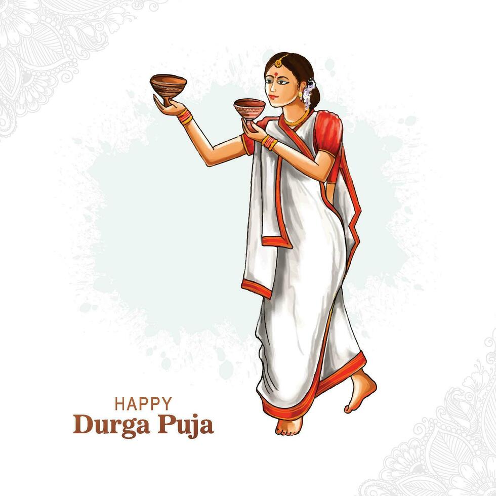 Beautiful indian bengali woman is dancing and holding dhunuchi in both hands background vector