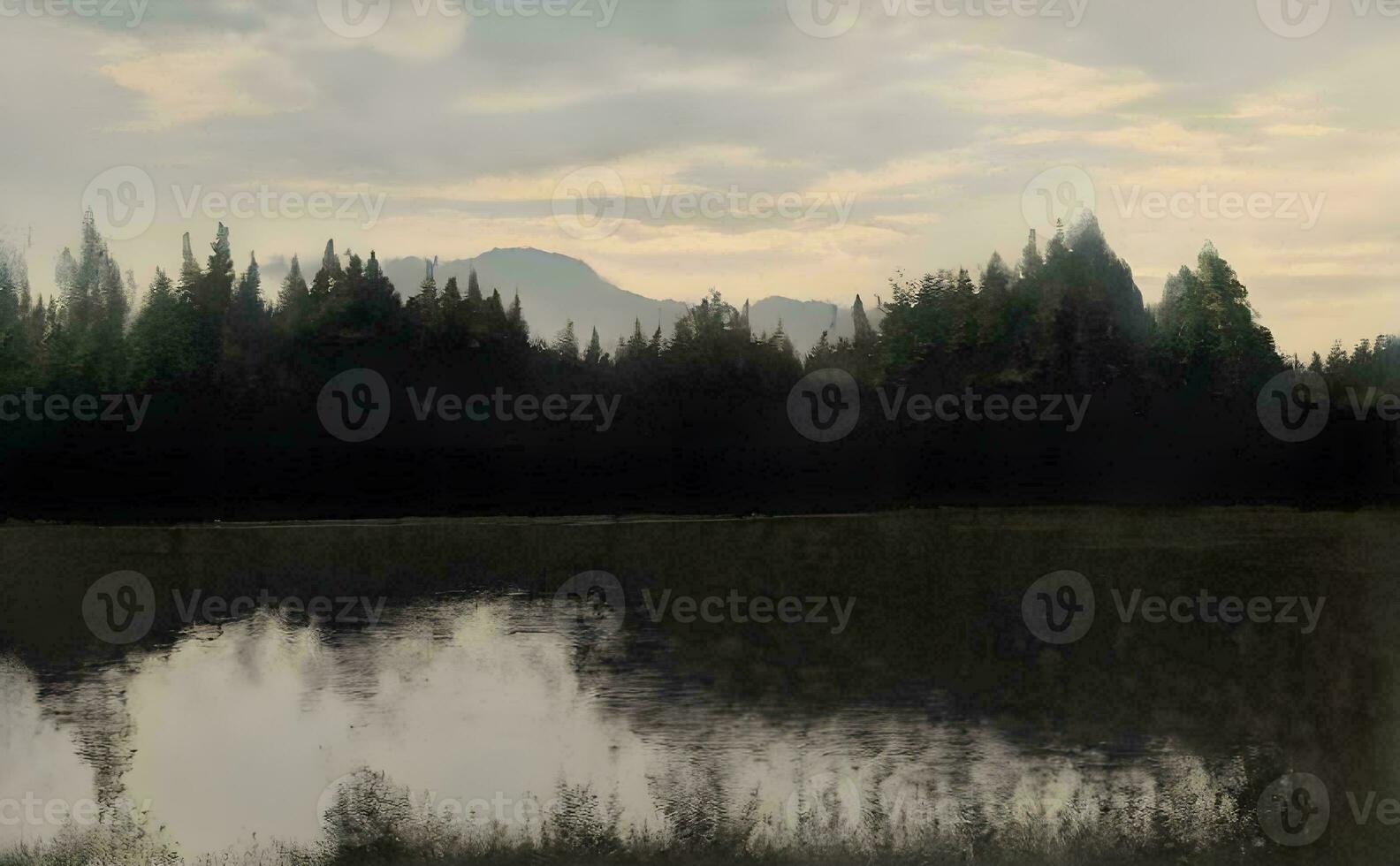 Mañana en el bosque con lago, ai generativo foto