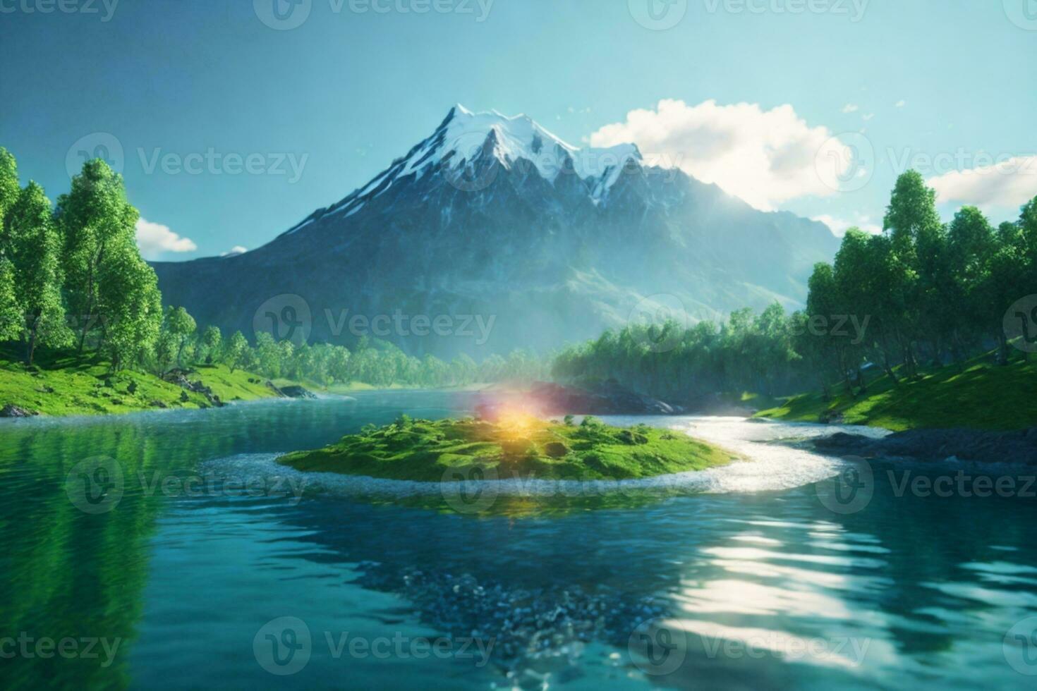 Volcanic mountain in morning light reflected in calm waters of lake.. AI generated photo