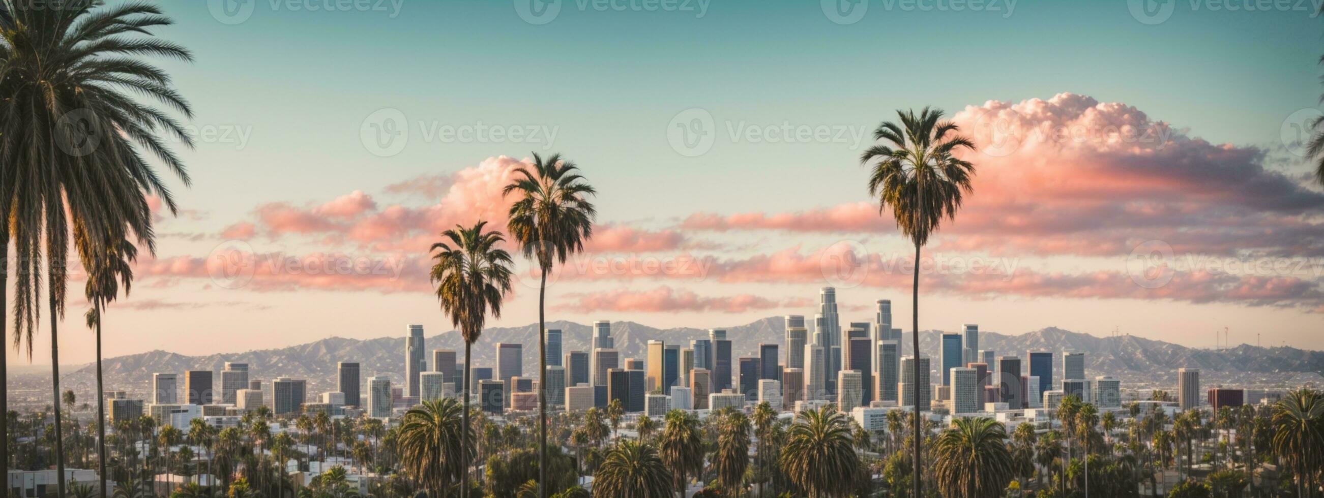 Los Angeles skyline with palm trees in the foreground. AI generated photo