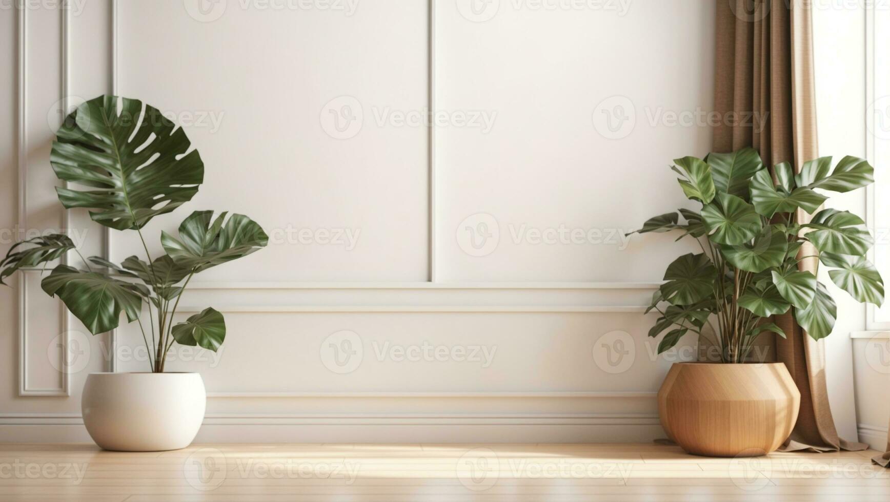 Plant against a white wall mockup. White wall mockup with brown curtain, plant and wood floor. 3D illustration.. AI generated photo