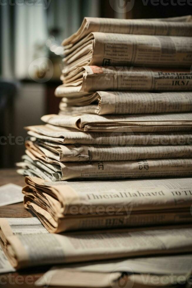 Pile of old newspapers, selective focus. AI generated photo