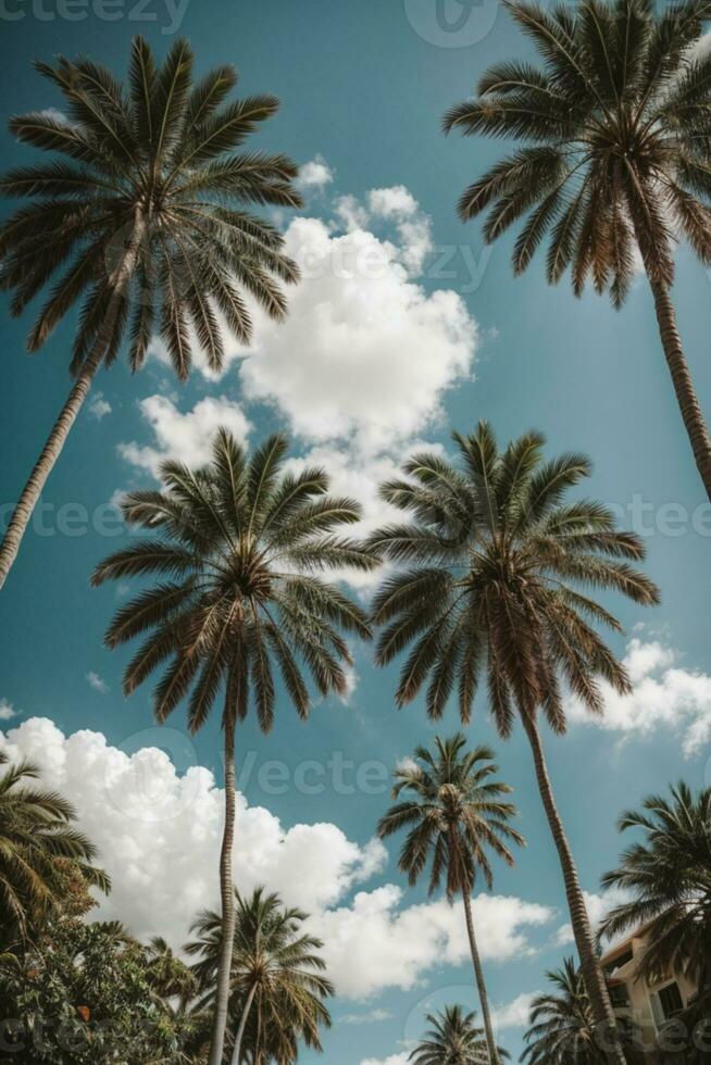 Blue sky and palm trees view from below, vintage style, tropical beach and summer background, travel concept. AI generated photo