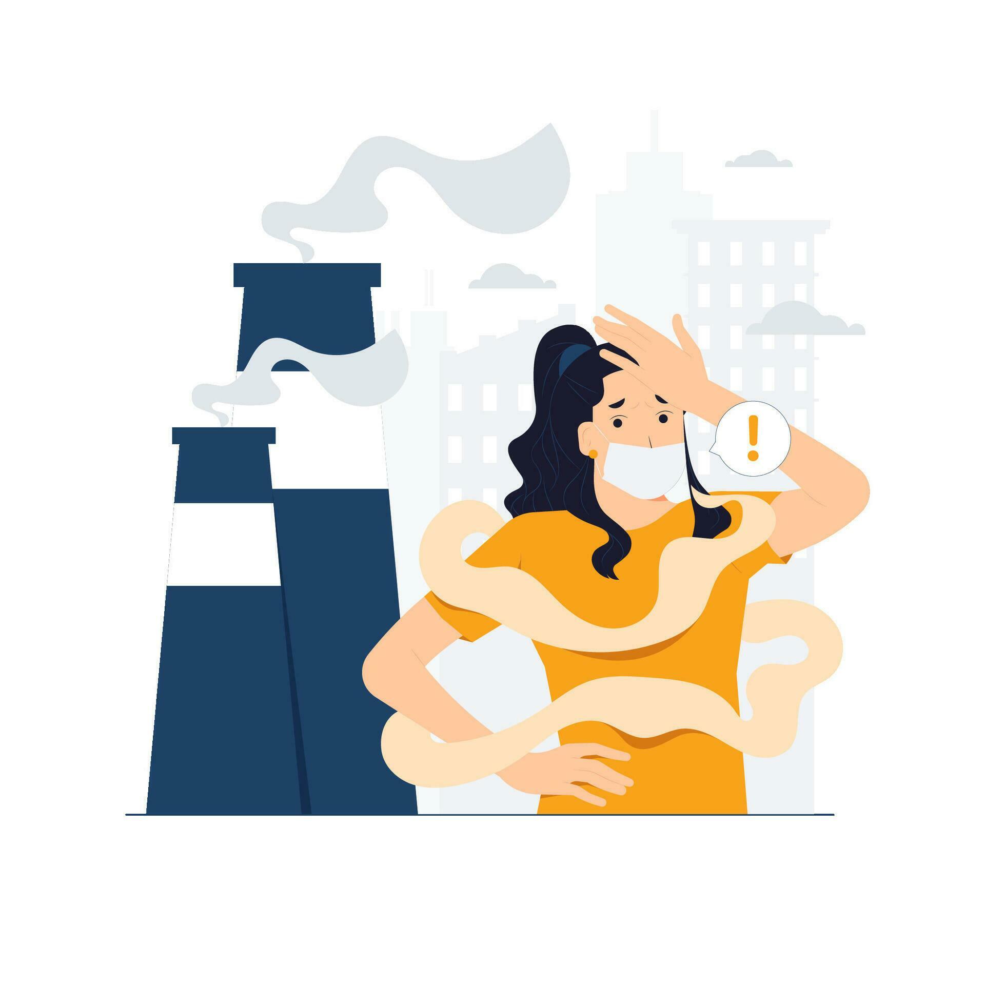 Dirty environment toxic gas pollution. Woman with protective mask