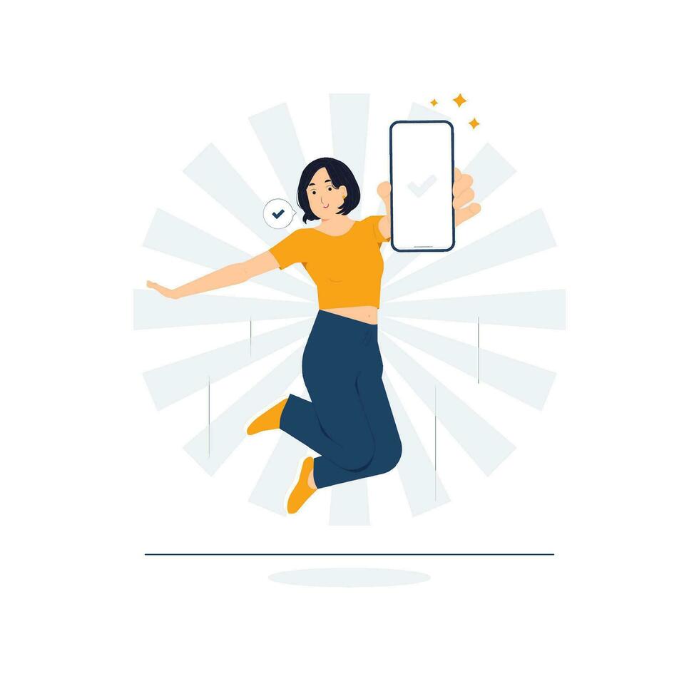 Excited woman jump showing blank empty smart mobile phone with copy space and pointing index finger concept illustration vector