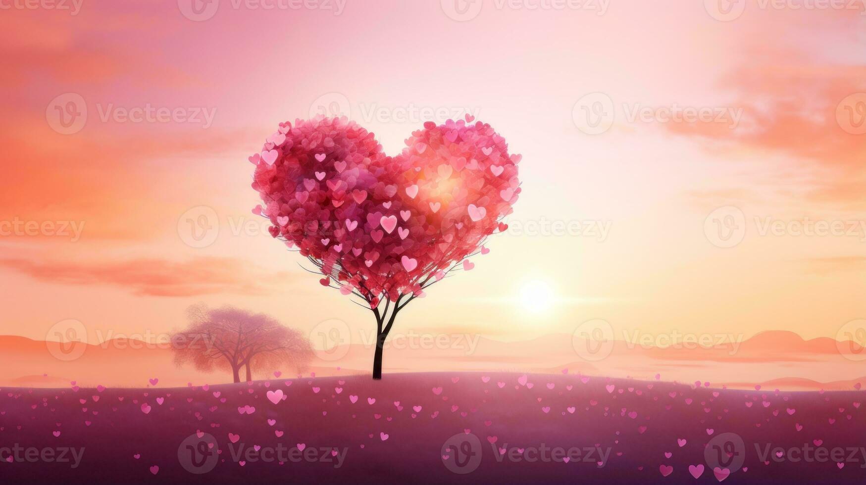 Painting of a heart shaped tree in a field. Generative AI photo
