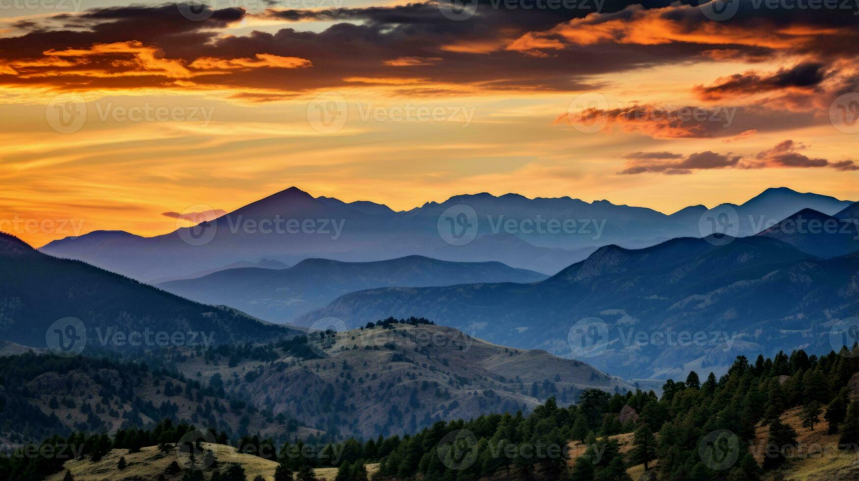 Sunset view of a mountain range with trees in the foreground. Generative AI photo