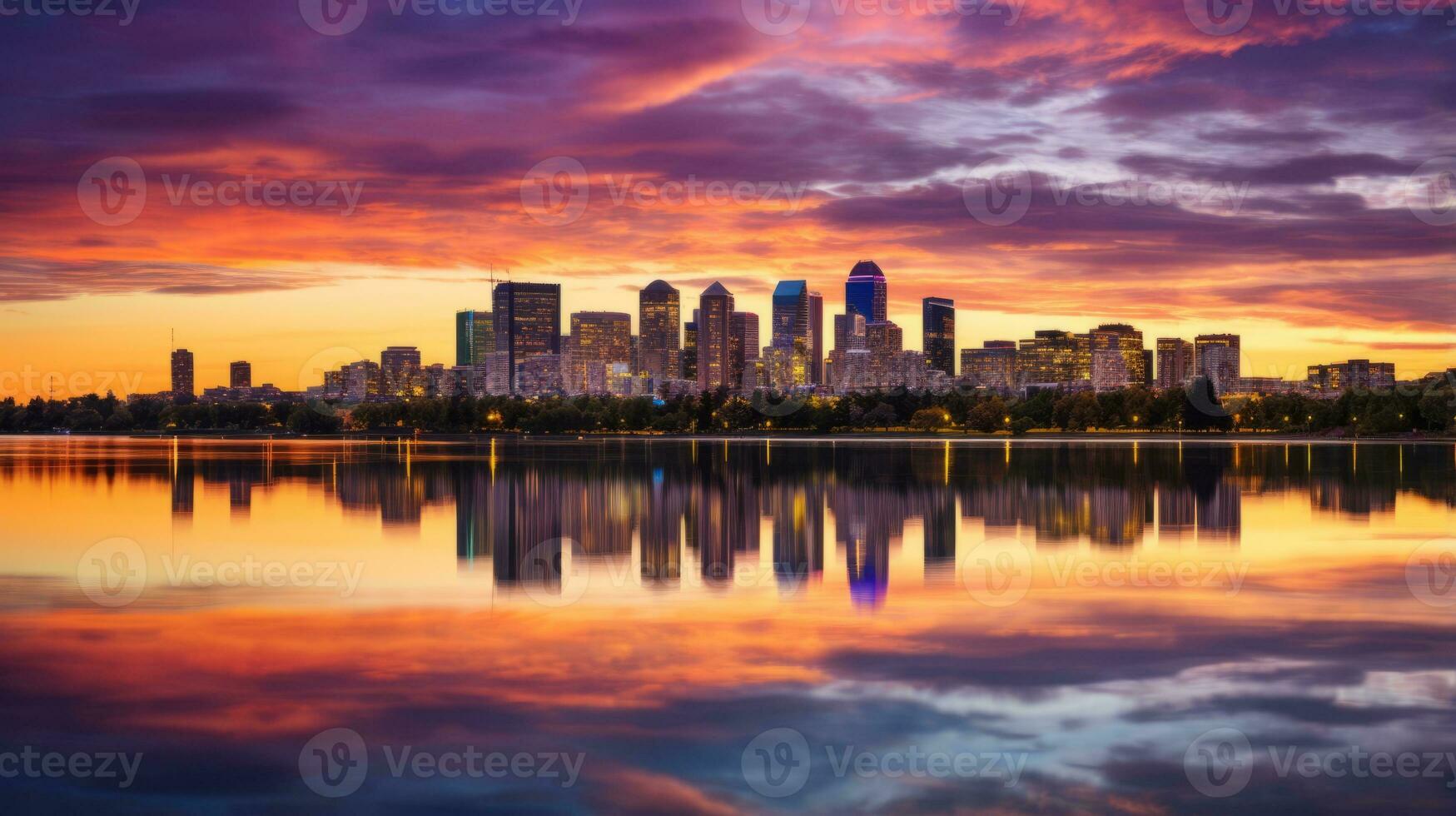City skyline is reflected in the water at sunset. Generative AI photo