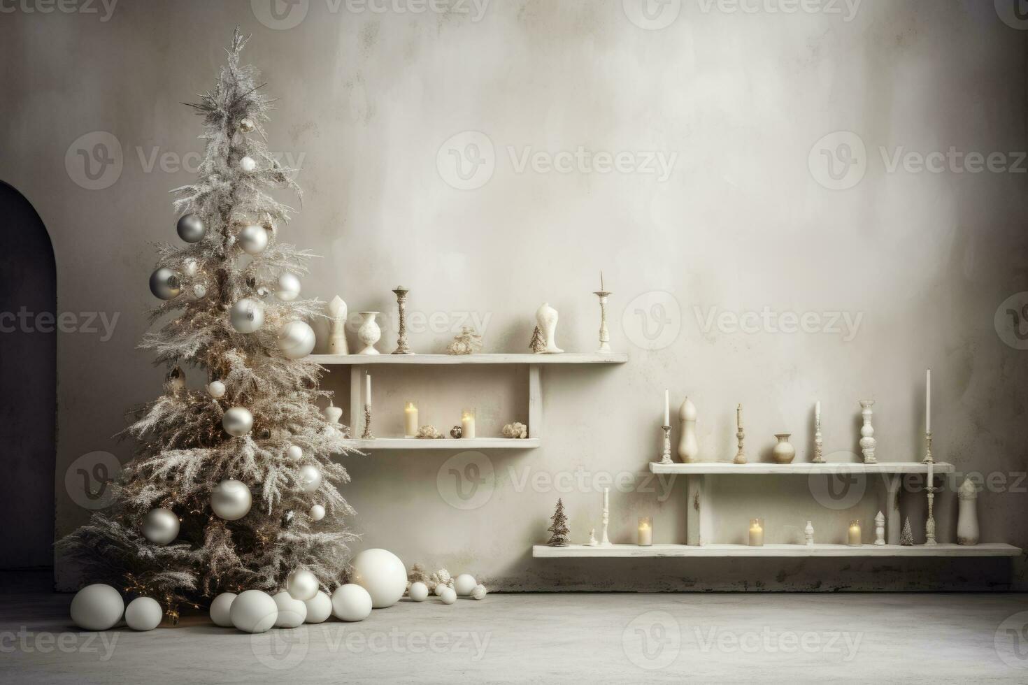 White christmas tree in front of a shelf. Generative AI photo