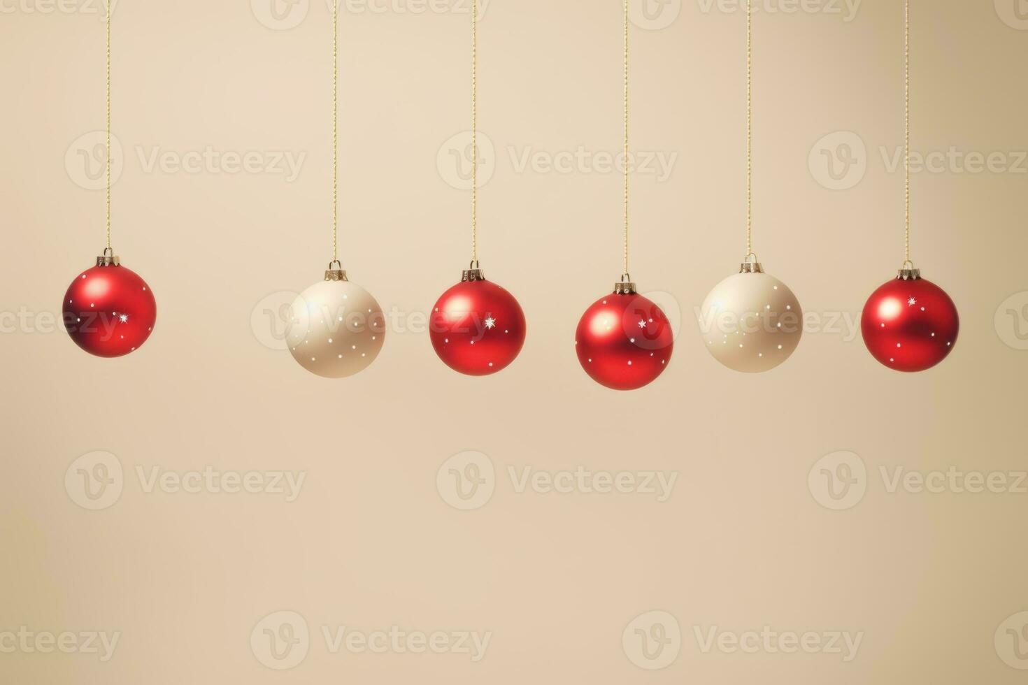 Group of red and white ornaments hanging from a line. Generative AI photo
