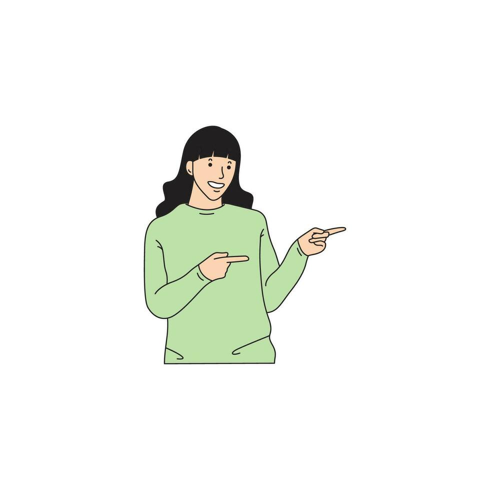 a woman is pointing with both hands to the side vector