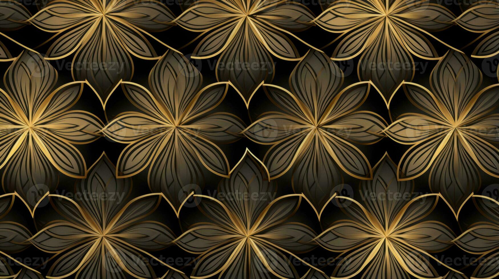Black and gold floral pattern on a textured background. Generative AI photo