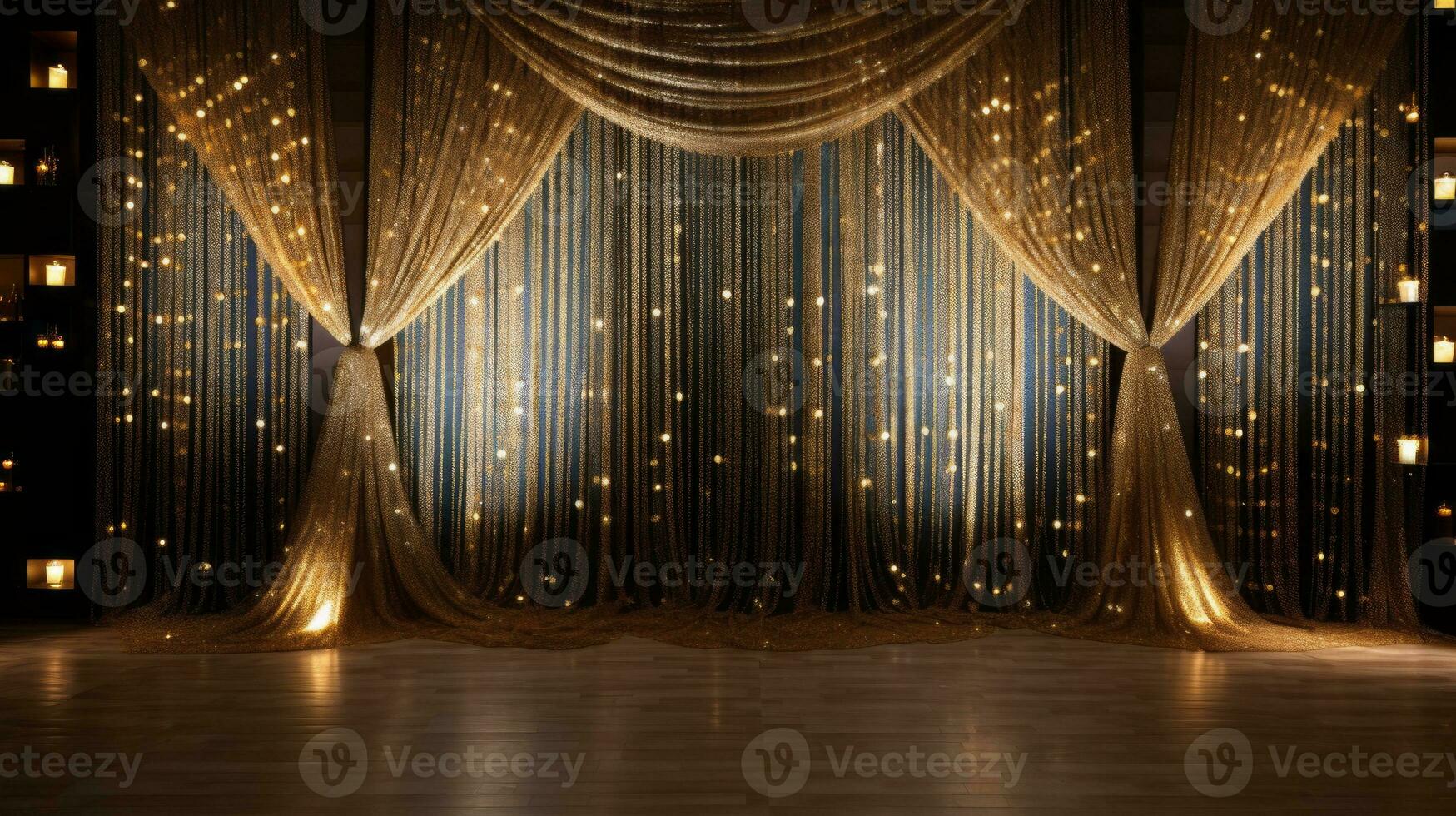 Stage with gold curtains and lights. Generative AI photo