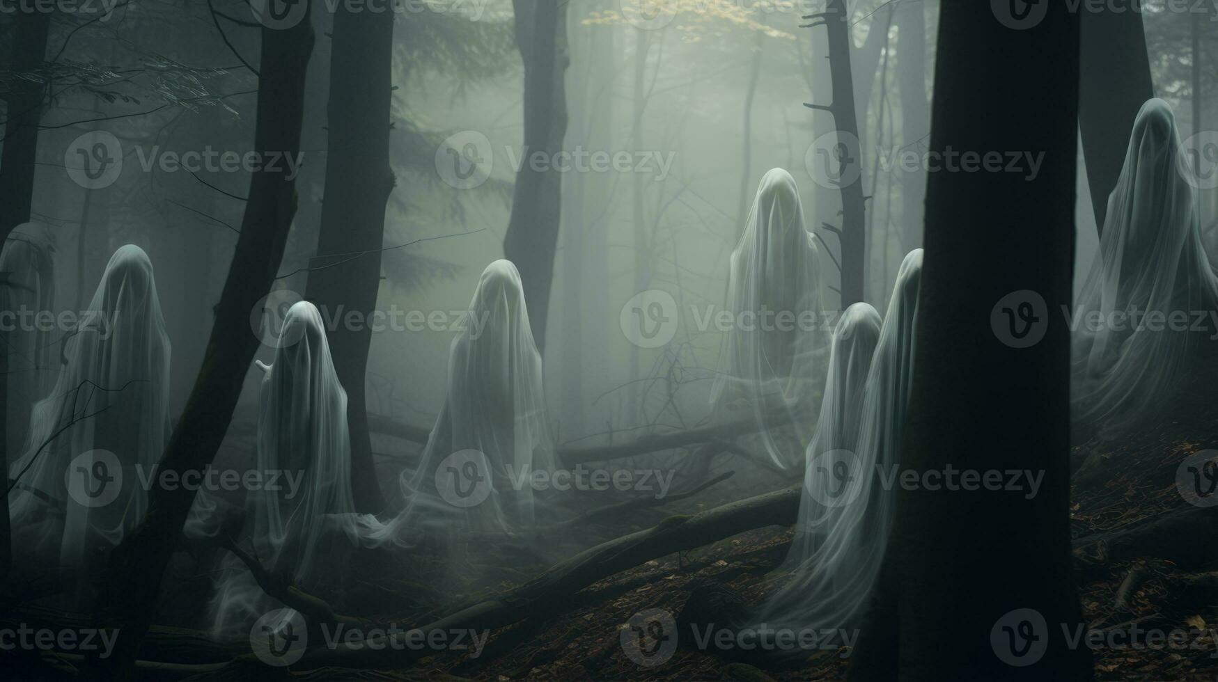Group of ghostly people walking through a forest. Generative AI photo