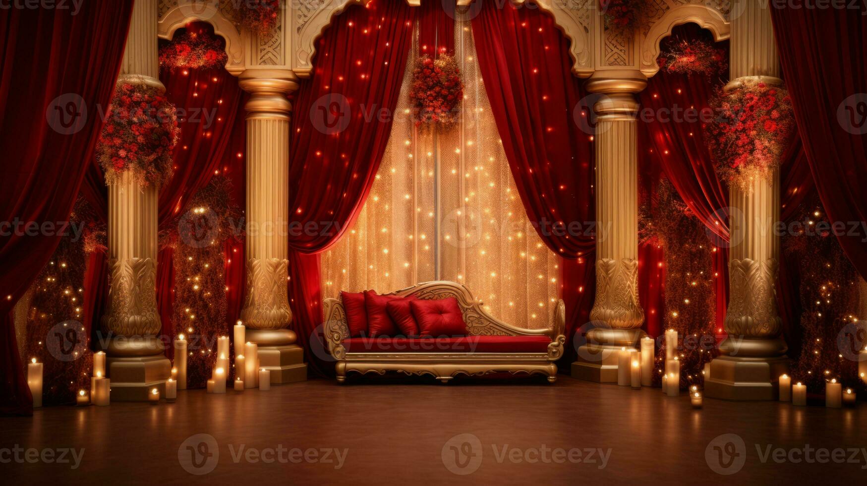 Festive red and gold Christmas backdrop. Generative AI photo