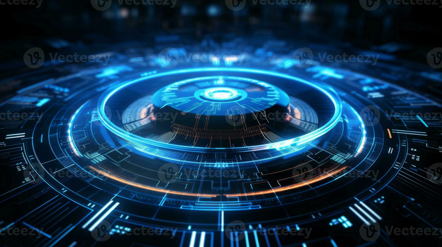 Futuristic blue and black background with a circular design. Generative AI photo