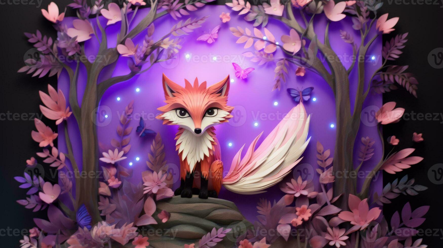 Intricately cut paper fox in a serene forest setting. Generative AI photo