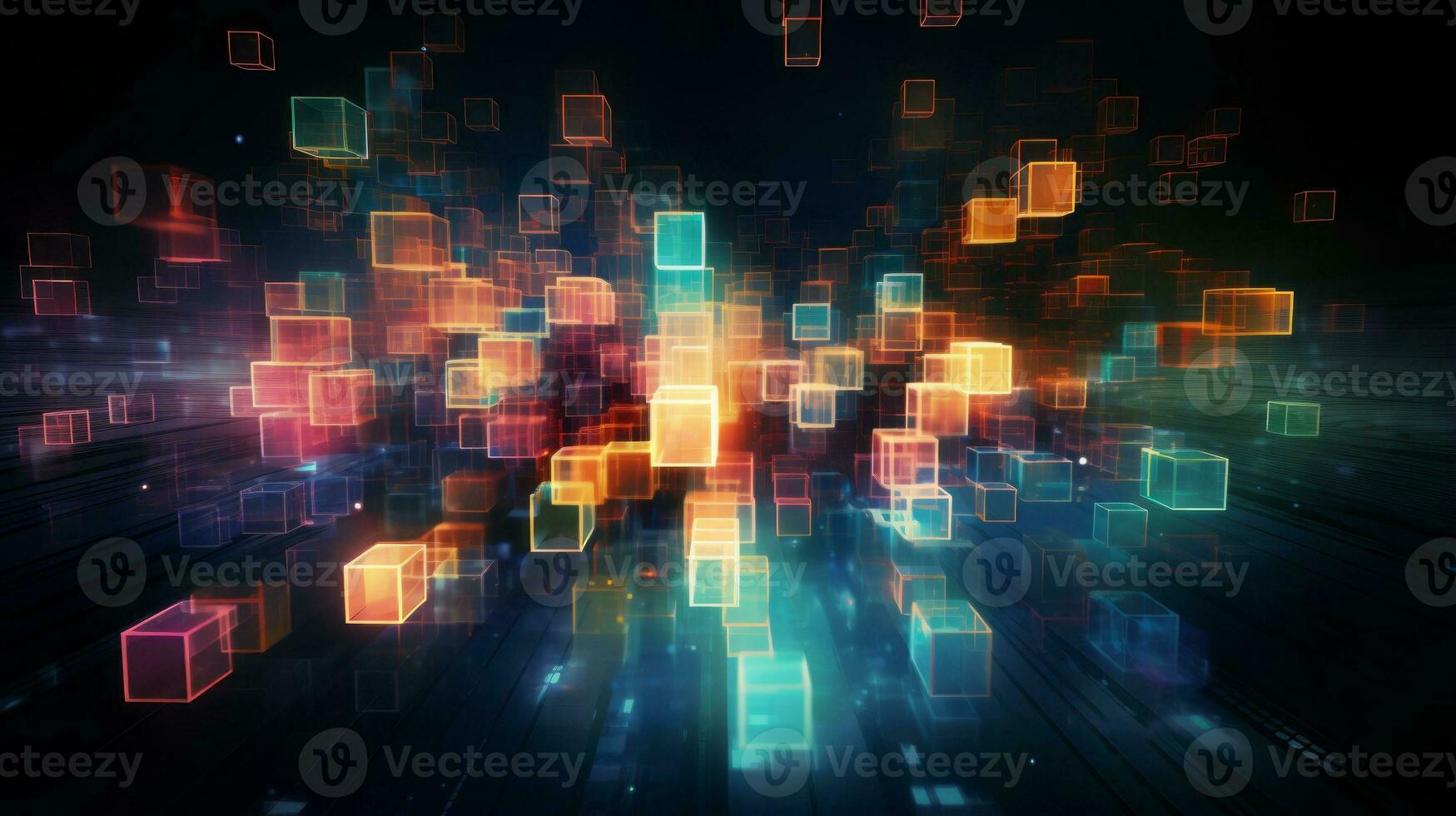 Glowing abstract cubes in dark room. Generative AI photo