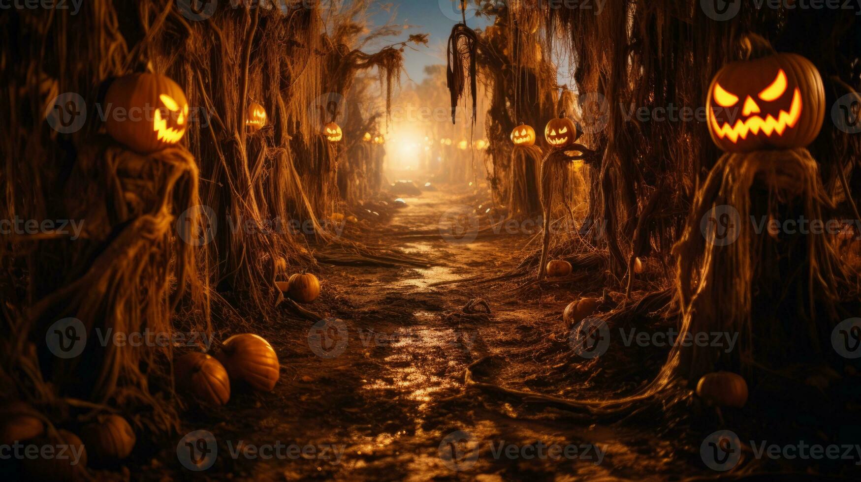 Two jack o' lanterns carved into trees in a forest. Generative AI photo