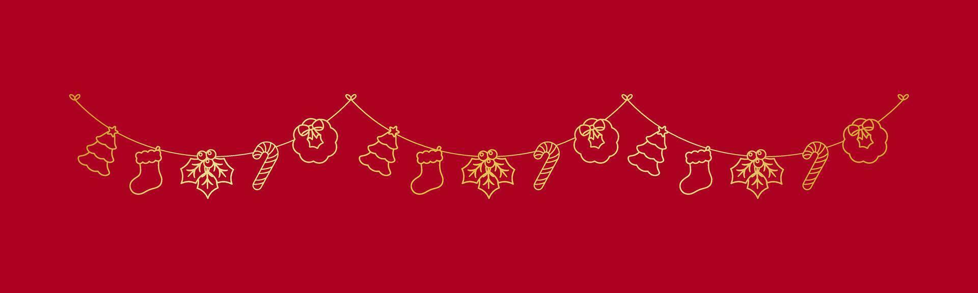oro Navidad guirnalda contorno garabatear vector ilustración, Navidad gráficos para niños, festivo invierno fiesta temporada verderón