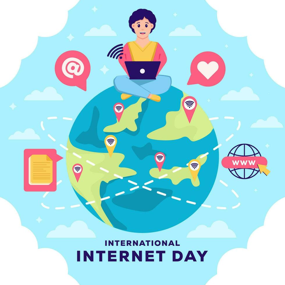 flat international internet day illustration with a man surfing the internet vector