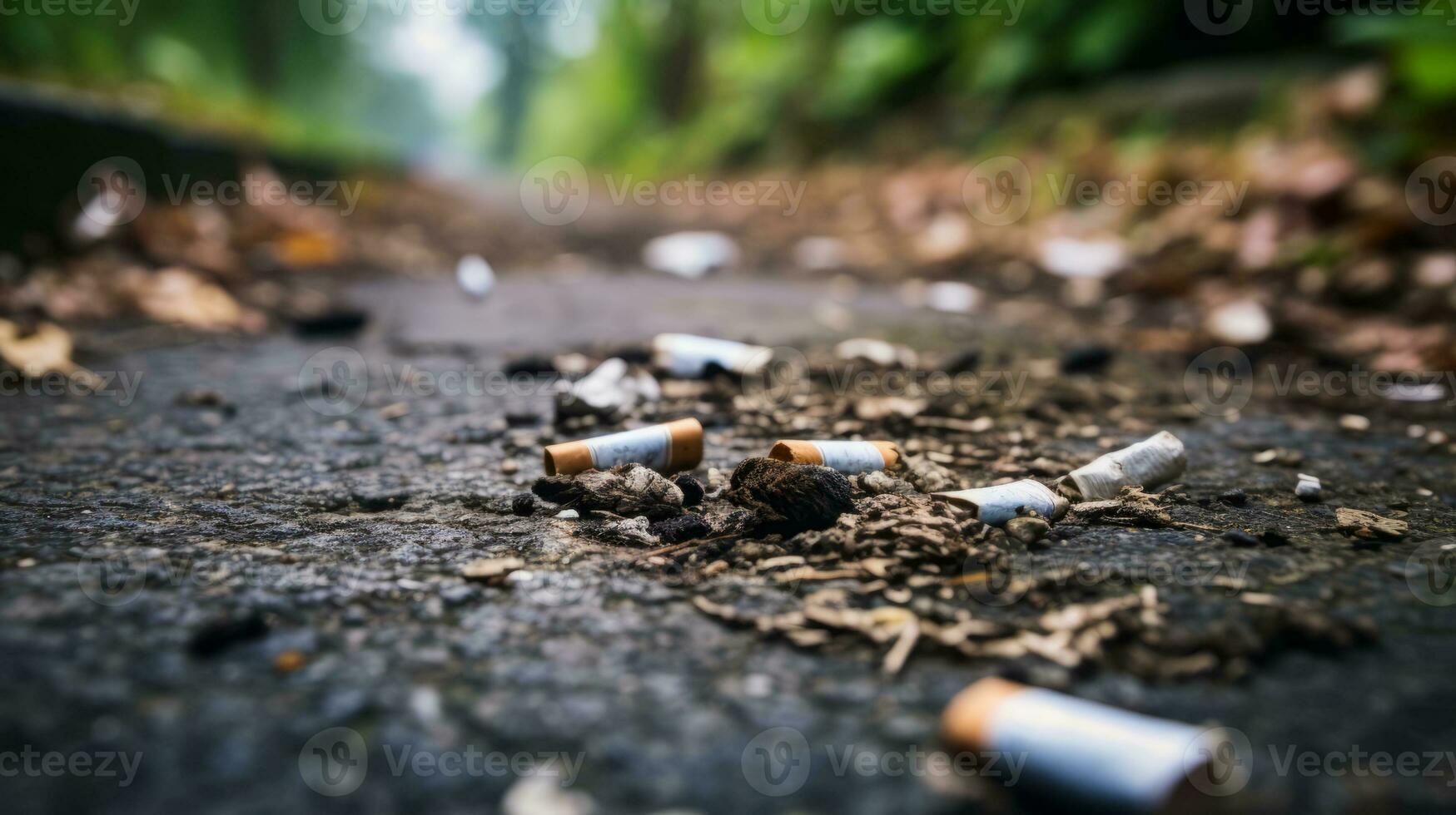 Cigarette butts scattered on park pathway. Generative AI photo