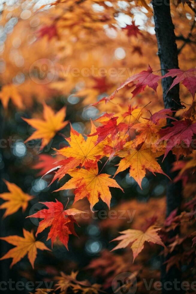 vistoso otoño arce hojas en un árbol rama. ai generado foto