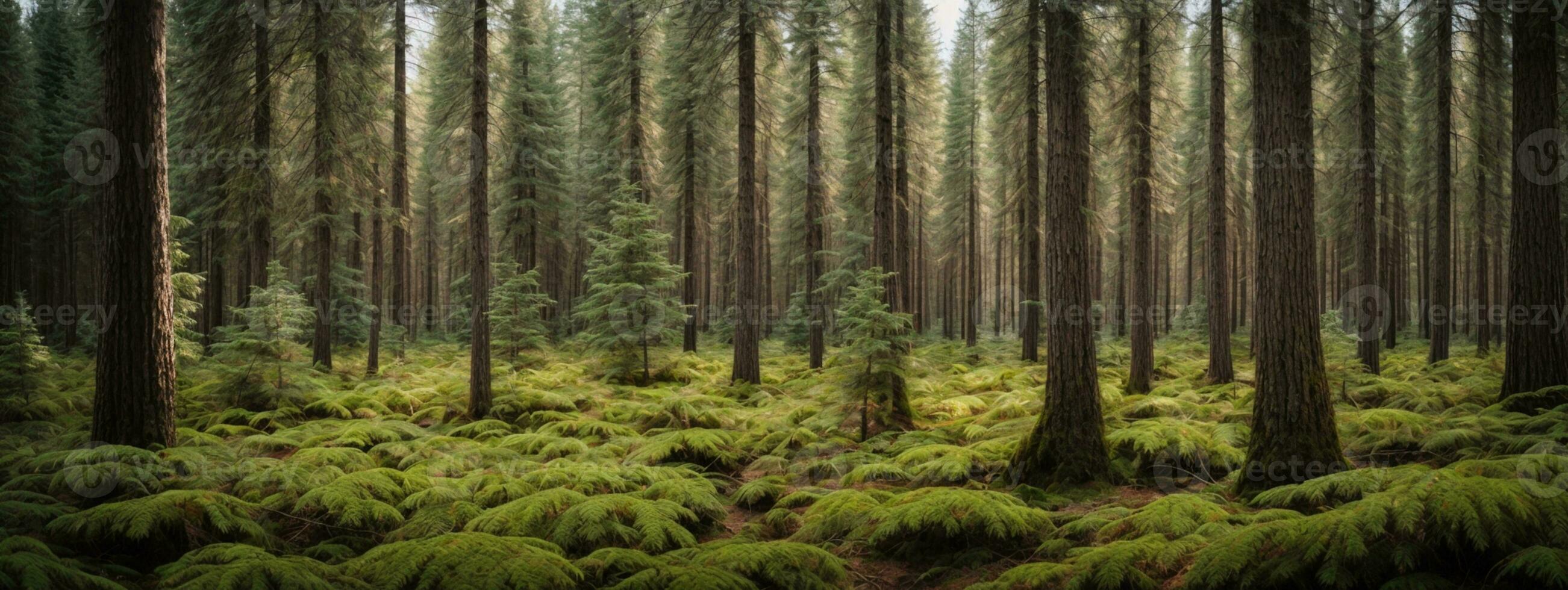 Healthy green trees in a forest of old spruce, fir and pine. AI generated photo