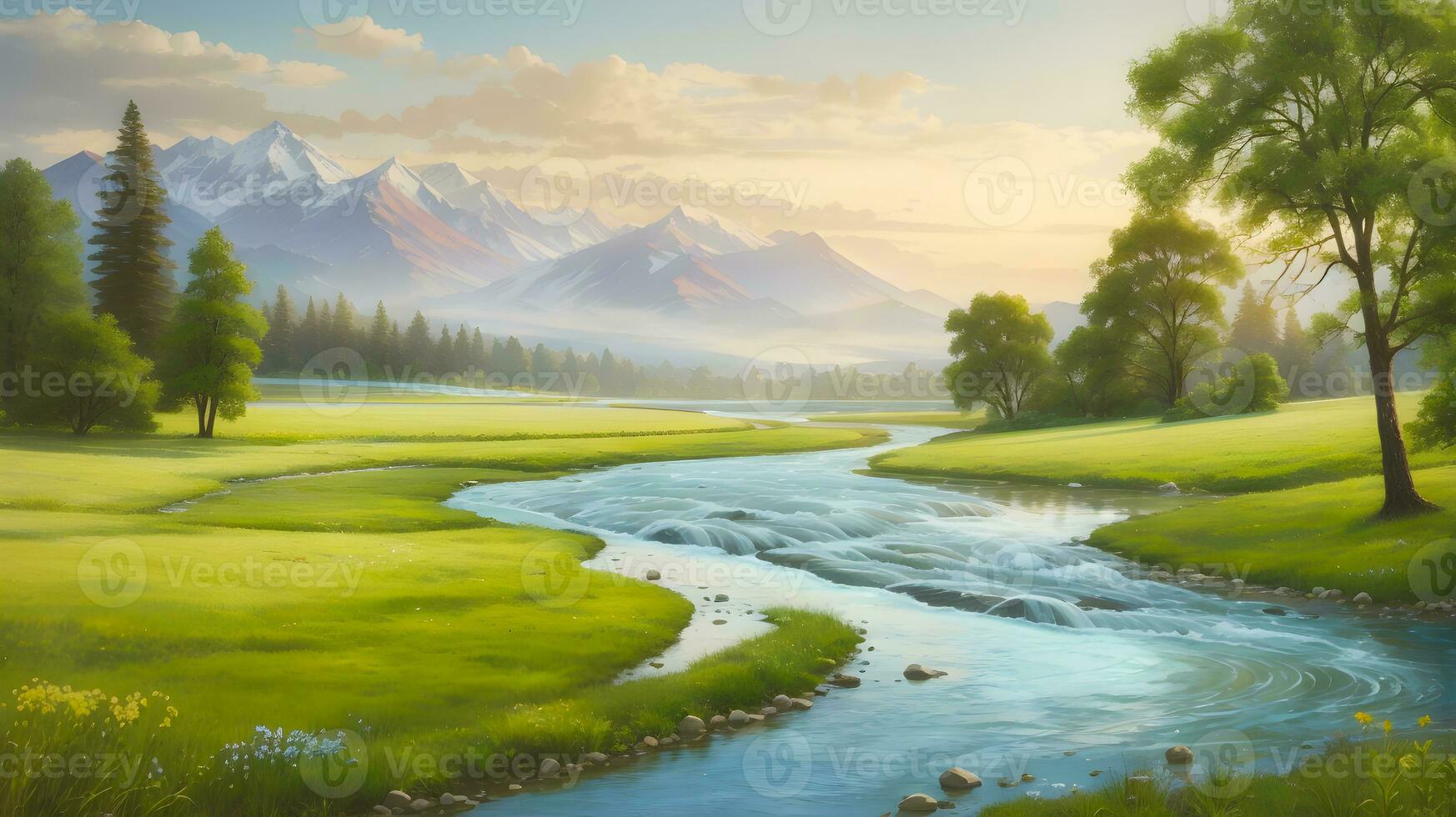 un pintoresco serenidad, río serpenteante mediante el tranquilo prado paisaje - de la naturaleza belleza capturado en un marco. ai generado foto