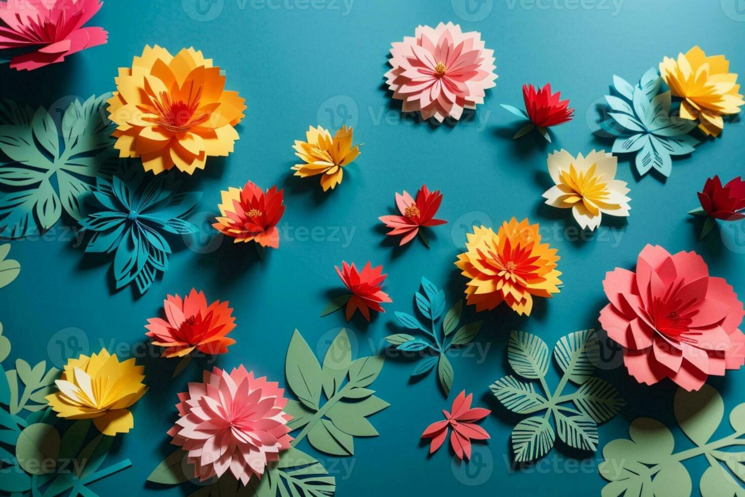 top view of colorful paper cut flowers with green leaves on blue background with copy space. AI generated photo
