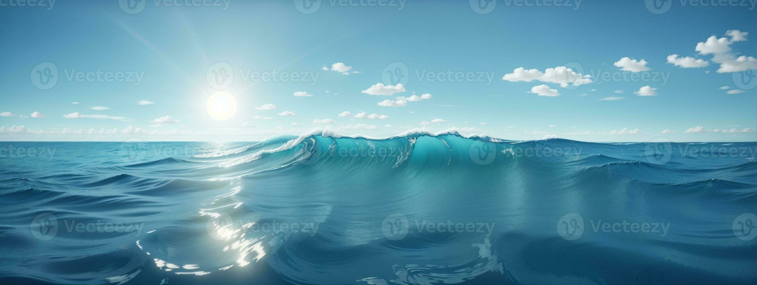 Blue ocean panorama with sun reflection, The vast open sea with clear sky, Ripple wave and calm sea with beautiful sunlight. AI generated photo