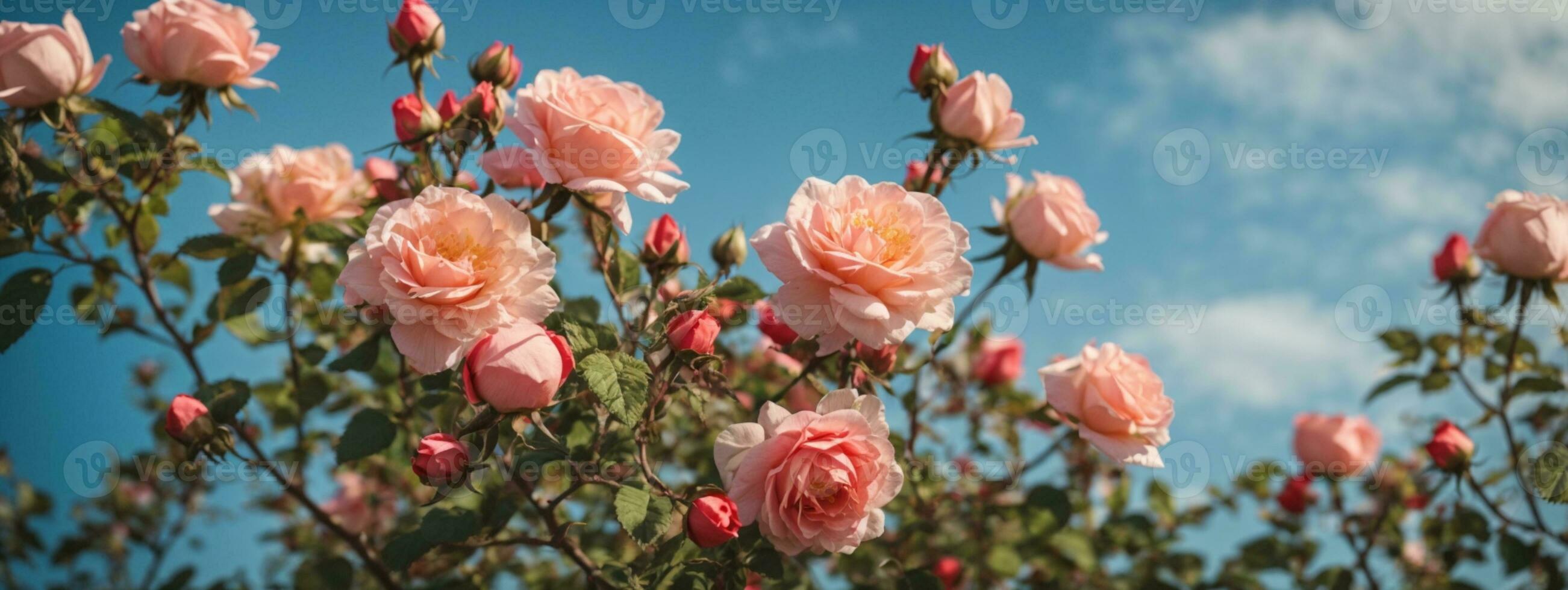 Beautiful spring border, blooming rose bush on a blue background. Flowering rose hips against the blue sky. Soft selective focus. AI generated photo