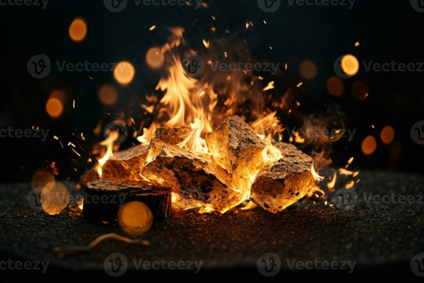 Detail of fire sparks isolated on black background. AI generated photo