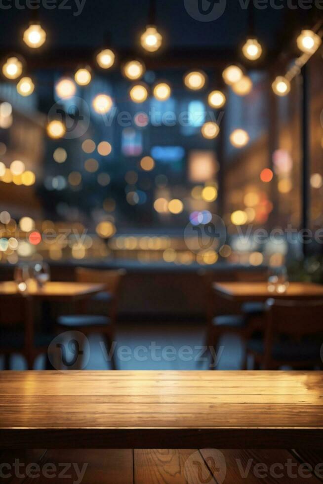 Empty wooden table top with lights bokeh on blur restaurant background.. AI generated photo