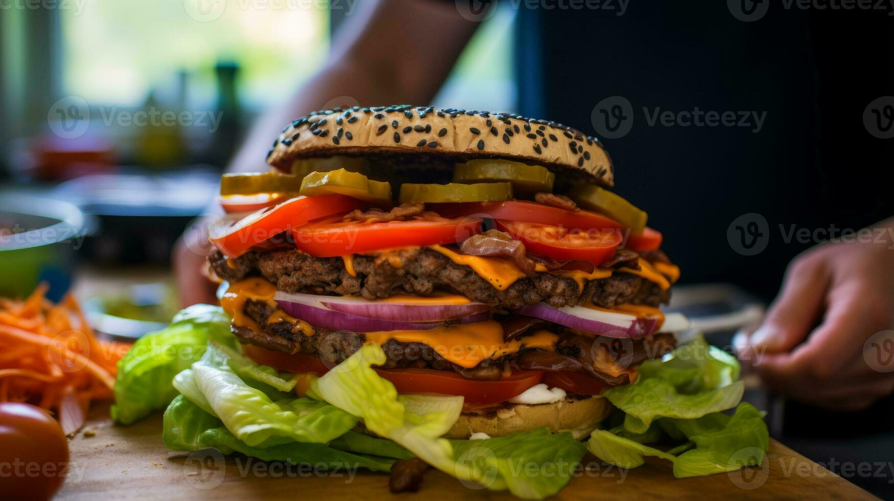 BBQ burger with layered assembly. Generative AI photo
